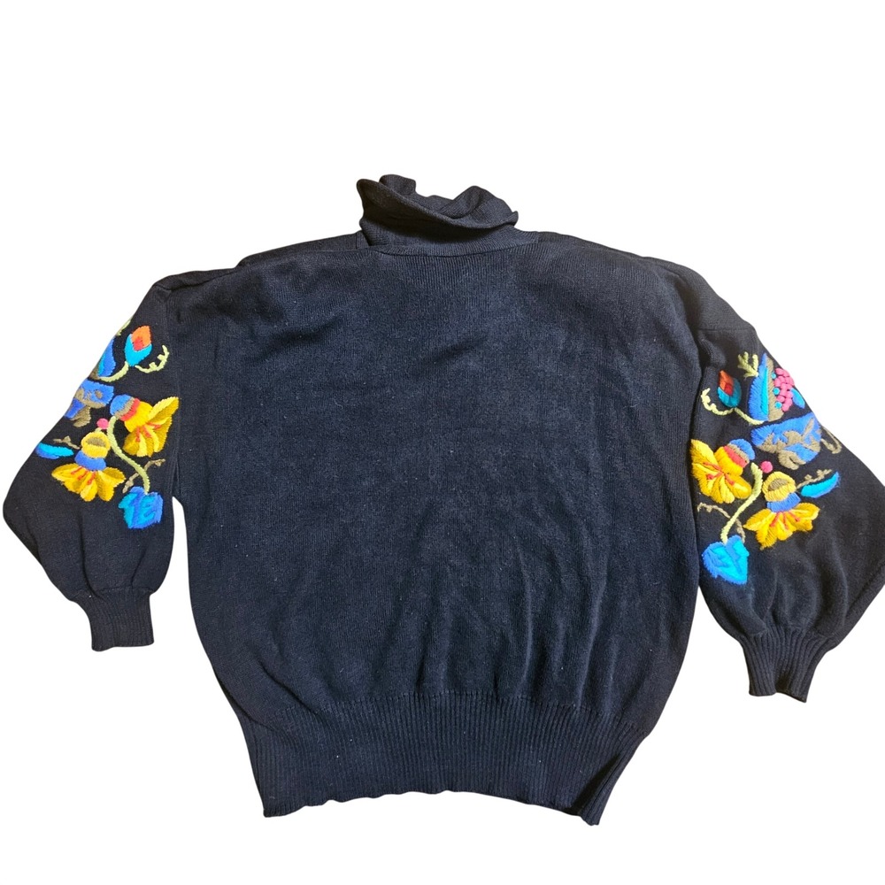 Vintage 80s Bonnie Boerer Floral Embroidered Knit Shawl Neck Sweater L Statement - Picture 2 of 7